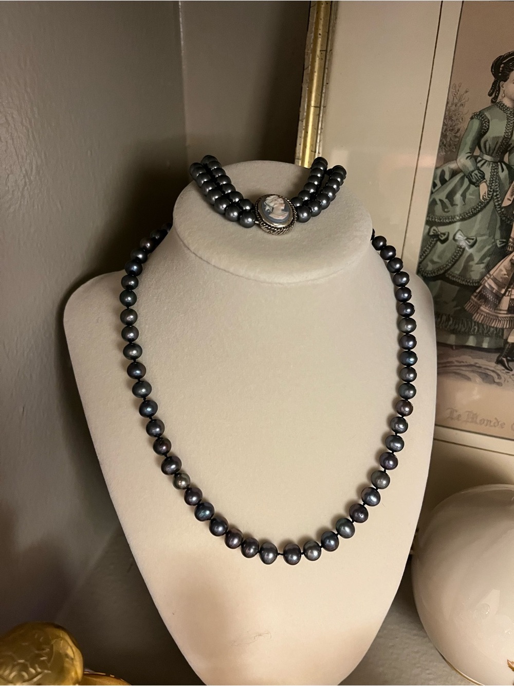Navy Faux Pearl Necklace and Cameo Bracelet Set